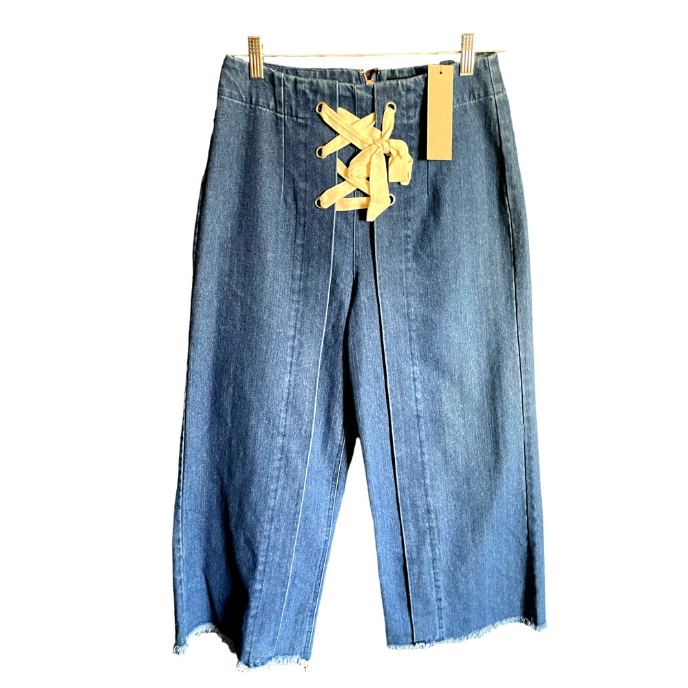 Do+Be Womens Lace-Up High-Rise Cropped Flare Jeans Raw Hem Size M Blue